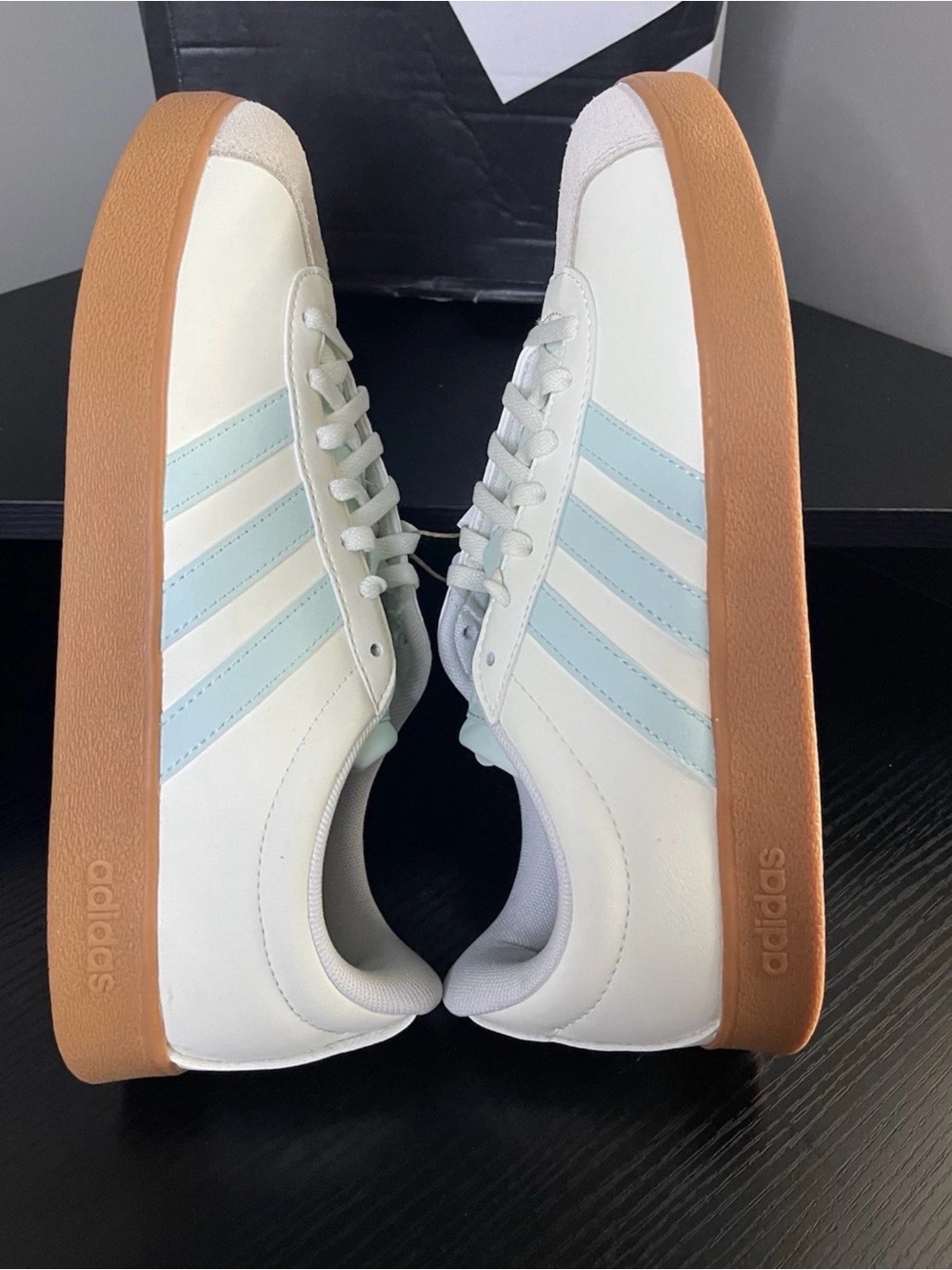 Adidas Women’s White Sneakers with Light Blue Stripes and Gum Outsole Size 7.5